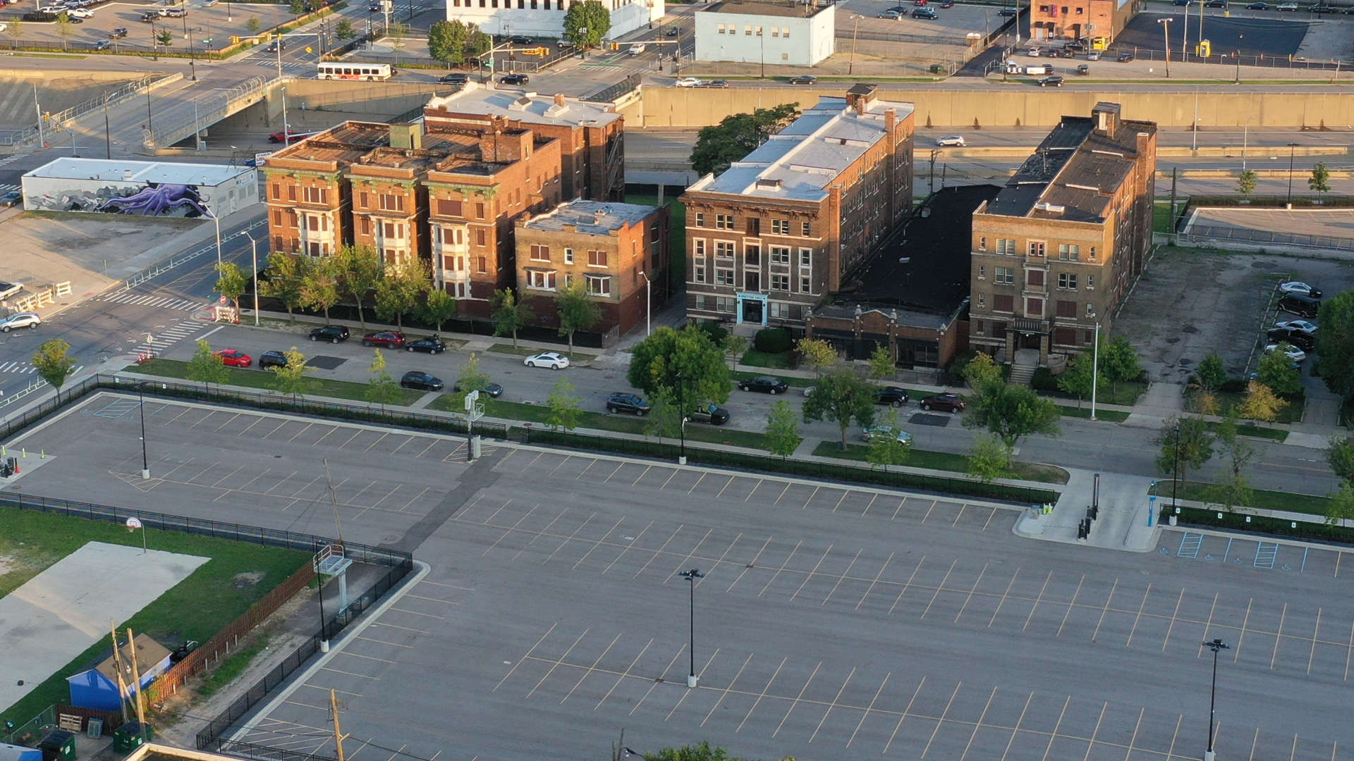 An aerial view of the apartment buildings in the Cass-Henry Historic District.